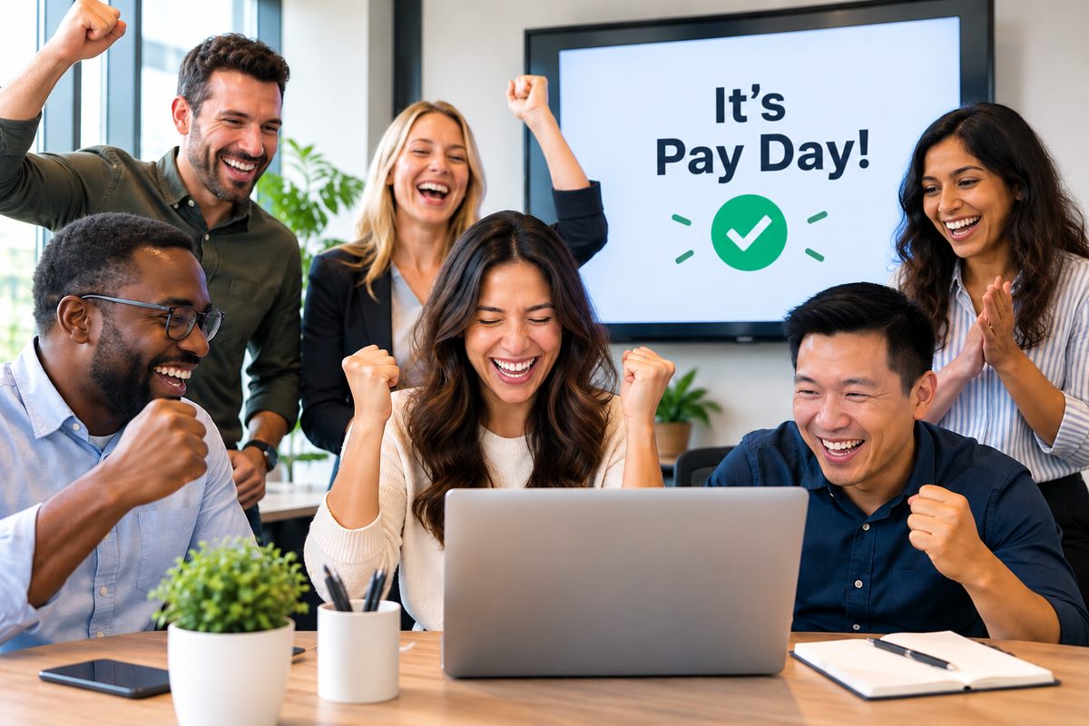 A small business team celebrating around a laptop on payday